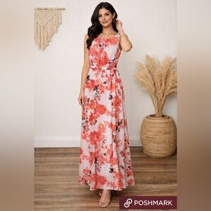 Chetta B Coral and White Floral Maxi Dress